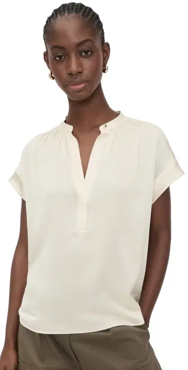 Vince Gathered Neck Cap Sleeve Silk Blouse Crème L | Thumbnail 1 Vince Gathered Neck Cap Sleeve Silk Blouse Crème L | Thumbnail 1