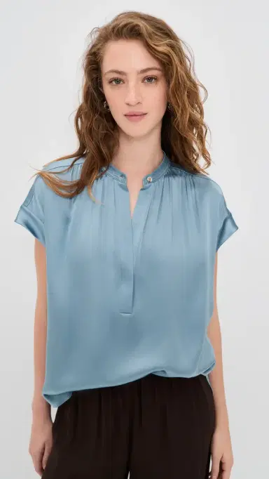 Vince Gathered Neck Cap Sleeve Silk Blouse Del ar | Thumbnail 2 Vince Gathered Neck Cap Sleeve Silk Blouse Del ar | Thumbnail 2