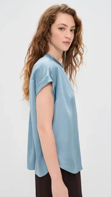 Vince Gathered Neck Cap Sleeve Silk Blouse Del ar | Thumbnail 4 Vince Gathered Neck Cap Sleeve Silk Blouse Del ar | Thumbnail 4