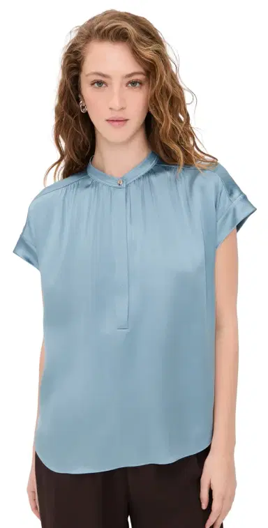 Vince Gathered Neck Cap Sleeve Silk Blouse Del ar | Thumbnail 1 Vince Gathered Neck Cap Sleeve Silk Blouse Del ar | Thumbnail 1