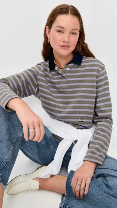 Hommegirls Homme Girls x Fruit of the Loom Striped Long Sleeve Polo Lavendar Stripe M | Thumbnail 2 Hommegirls Homme Girls x Fruit of the Loom Striped Long Sleeve Polo Lavendar Stripe M | Thumbnail 2