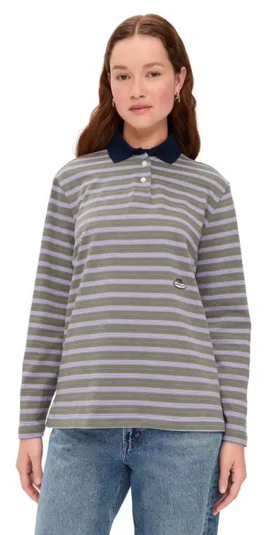 Hommegirls Homme Girls x Fruit of the Loom Striped Long Sleeve Polo Lavendar Stripe M | Thumbnail 1 Hommegirls Homme Girls x Fruit of the Loom Striped Long Sleeve Polo Lavendar Stripe M | Thumbnail 1
