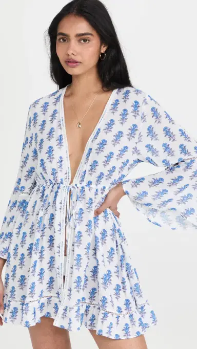 Playa Lucila Mini Border Print Kimono Coverup Dress Blue Border Print | Thumbnail 2 Playa Lucila Mini Border Print Kimono Coverup Dress Blue Border Print | Thumbnail 2