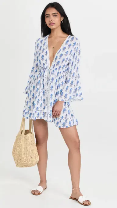 Playa Lucila Mini Border Print Kimono Coverup Dress Blue Border Print | Thumbnail 5 Playa Lucila Mini Border Print Kimono Coverup Dress Blue Border Print | Thumbnail 5