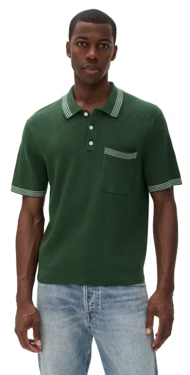 Madewell March tripe Short Sleeve Polo Botanical Green | Thumbnail 1 Madewell March tripe Short Sleeve Polo Botanical Green | Thumbnail 1