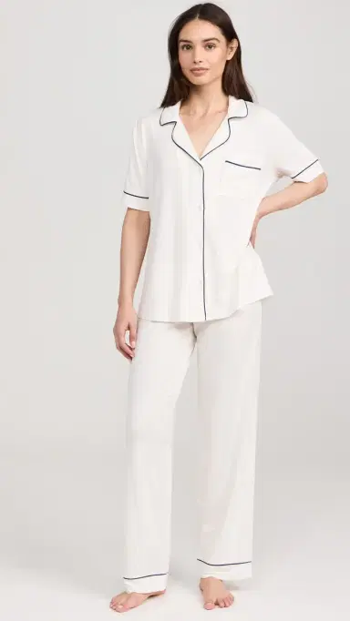 Eberjey Gisele The Short Sleeve Long Pajama et Pure /Navy | Thumbnail 2 Eberjey Gisele The Short Sleeve Long Pajama et Pure /Navy | Thumbnail 2