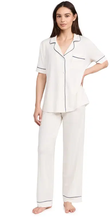 Eberjey Gisele The Short Sleeve Long Pajama et Pure /Navy | Thumbnail 1 Eberjey Gisele The Short Sleeve Long Pajama et Pure /Navy | Thumbnail 1