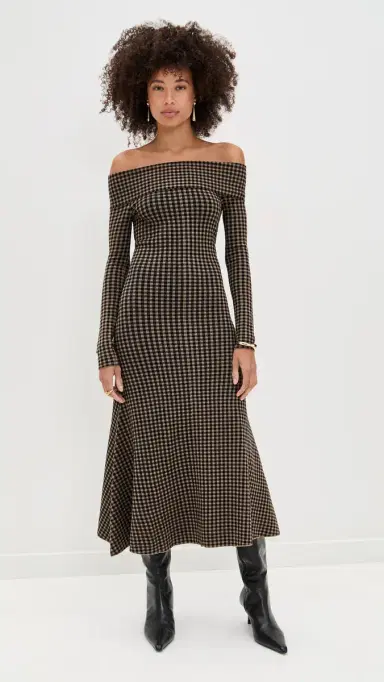 LE BOP Gingham Knit Off Shoulder Dress Chocolate/Black | Thumbnail 2 LE BOP Gingham Knit Off Shoulder Dress Chocolate/Black | Thumbnail 2