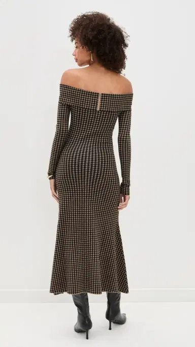 LE BOP Gingham Knit Off Shoulder Dress Chocolate/Black | Thumbnail 3 LE BOP Gingham Knit Off Shoulder Dress Chocolate/Black | Thumbnail 3