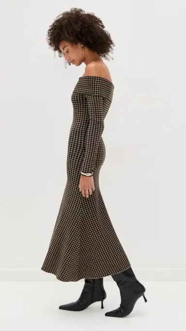 LE BOP Gingham Knit Off Shoulder Dress Chocolate/Black | Thumbnail 4 LE BOP Gingham Knit Off Shoulder Dress Chocolate/Black | Thumbnail 4