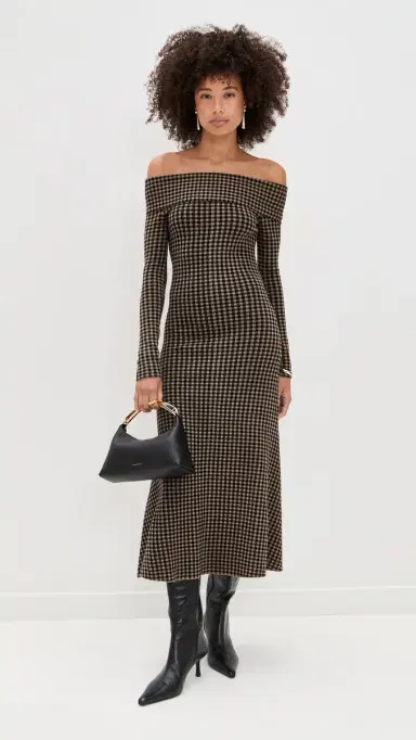 LE BOP Gingham Knit Off Shoulder Dress Chocolate/Black | Thumbnail 5 LE BOP Gingham Knit Off Shoulder Dress Chocolate/Black | Thumbnail 5