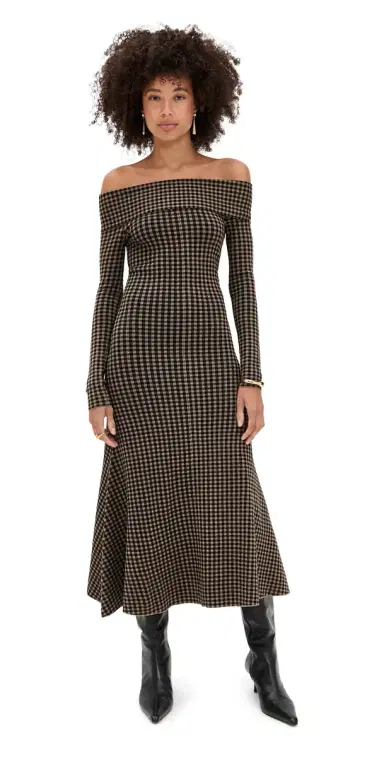 LE BOP Gingham Knit Off Shoulder Dress Chocolate/Black | Thumbnail 1 LE BOP Gingham Knit Off Shoulder Dress Chocolate/Black | Thumbnail 1