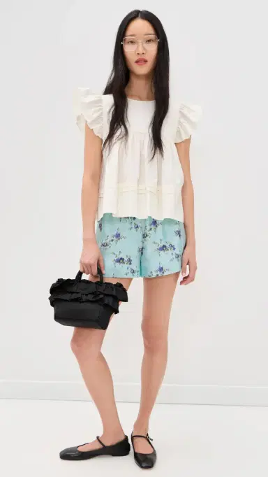 GANNI Printed Silk Twill Elasticated Shorts Iced Aqua | Thumbnail 5 GANNI Printed Silk Twill Elasticated Shorts Iced Aqua | Thumbnail 5