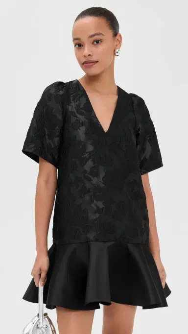 GANNI Satin Cloque Mini V Neck Dress Black | Thumbnail 2 GANNI Satin Cloque Mini V Neck Dress Black | Thumbnail 2