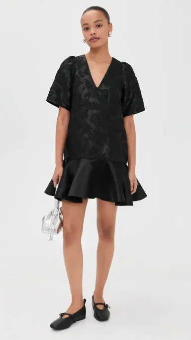 GANNI Satin Cloque Mini V Neck Dress Black | Thumbnail 5 GANNI Satin Cloque Mini V Neck Dress Black | Thumbnail 5