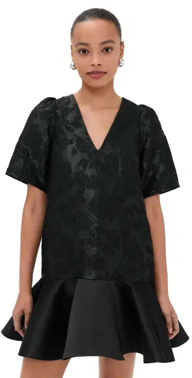GANNI Satin Cloque Mini V Neck Dress Black | Thumbnail 1 GANNI Satin Cloque Mini V Neck Dress Black | Thumbnail 1