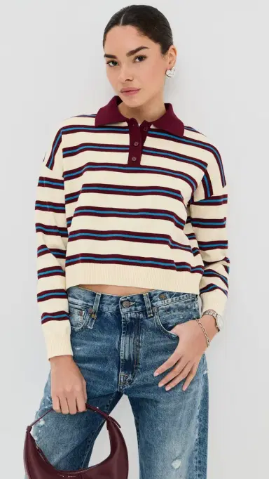 LE BOP Zadie Crop Polo Burgundy Stripe | Thumbnail 2 LE BOP Zadie Crop Polo Burgundy Stripe | Thumbnail 2