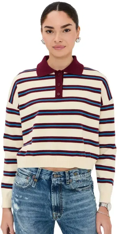 LE BOP Zadie Crop Polo Burgundy Stripe | Thumbnail 1 LE BOP Zadie Crop Polo Burgundy Stripe | Thumbnail 1