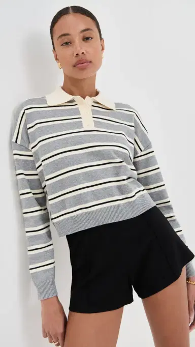 LE BOP Zadie Cropped Polo Heather Grey Stripe M | Thumbnail 2 LE BOP Zadie Cropped Polo Heather Grey Stripe M | Thumbnail 2