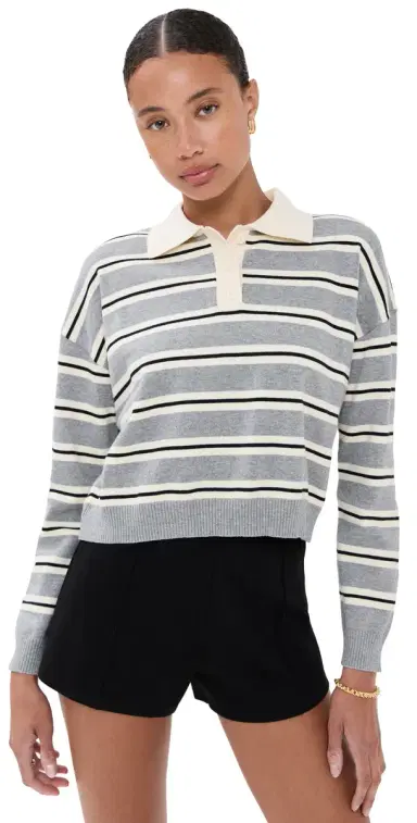 LE BOP Zadie Cropped Polo Heather Grey Stripe M | Thumbnail 1 LE BOP Zadie Cropped Polo Heather Grey Stripe M | Thumbnail 1