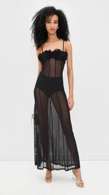 Runaway the Label Sheer Flower Trim Maxi Dress Black | Thumbnail 2 Runaway the Label Sheer Flower Trim Maxi Dress Black | Thumbnail 2
