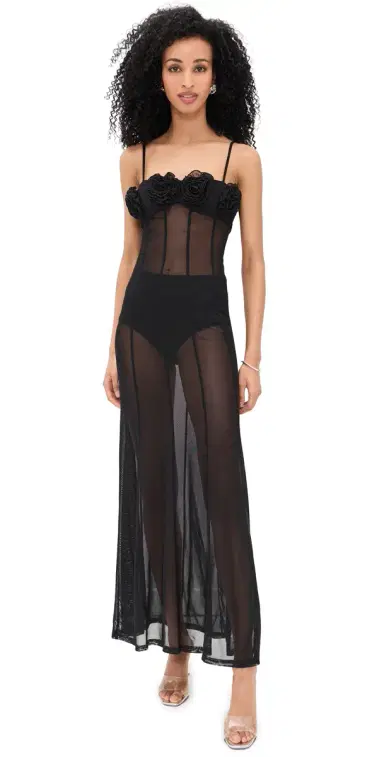 Runaway the Label Sheer Flower Trim Maxi Dress Black | Thumbnail 1 Runaway the Label Sheer Flower Trim Maxi Dress Black | Thumbnail 1