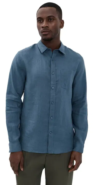 Vince Long Sleeve Linen Shirt Uniform Blue | Thumbnail 1 Vince Long Sleeve Linen Shirt Uniform Blue | Thumbnail 1