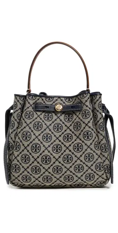 Tory Burch Romy T Monogram Bucket Bag Tory Navy One Size | Thumbnail 1 Tory Burch Romy T Monogram Bucket Bag Tory Navy One Size | Thumbnail 1
