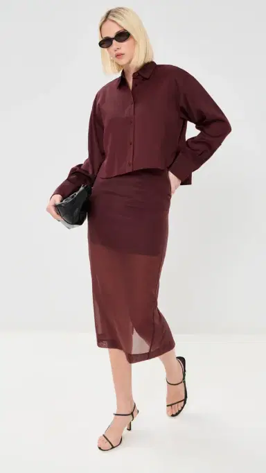 LE BOP Felicity Boxy Cropped Satin Button Down ahogany | Thumbnail 5 LE BOP Felicity Boxy Cropped Satin Button Down ahogany | Thumbnail 5