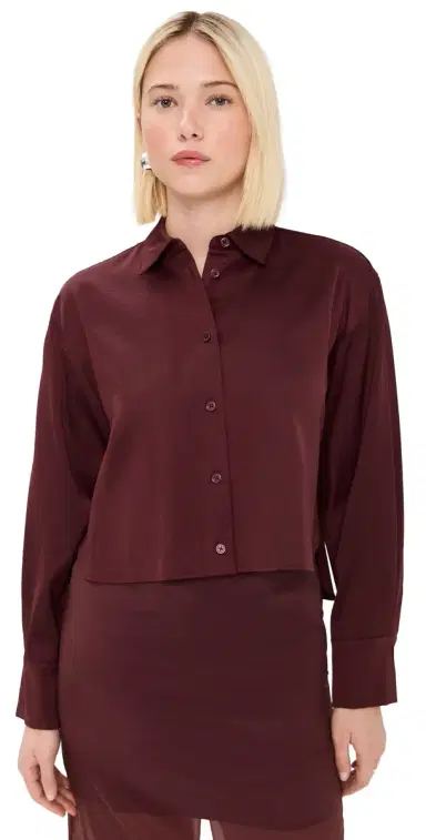 LE BOP Felicity Boxy Cropped Satin Button Down ahogany | Thumbnail 1 LE BOP Felicity Boxy Cropped Satin Button Down ahogany | Thumbnail 1