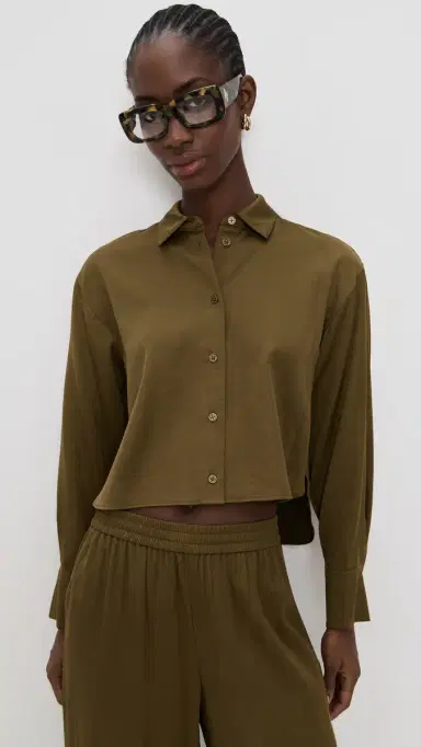 LE BOP Felicity Boxy Cropped atin Button Down Military Green | Thumbnail 2 LE BOP Felicity Boxy Cropped atin Button Down Military Green | Thumbnail 2