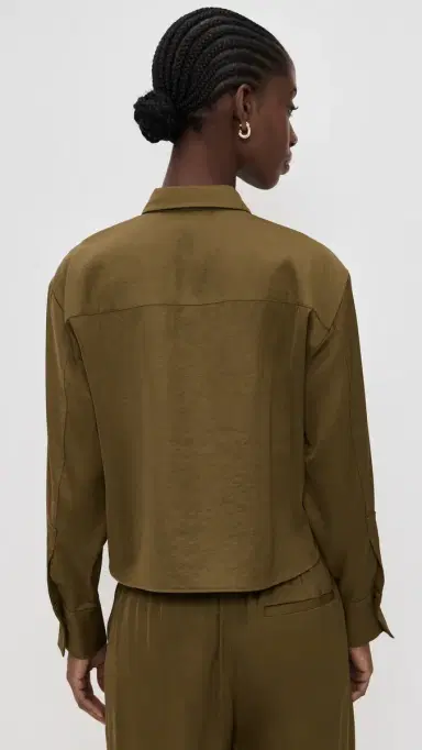 LE BOP Felicity Boxy Cropped atin Button Down Military Green | Thumbnail 3 LE BOP Felicity Boxy Cropped atin Button Down Military Green | Thumbnail 3