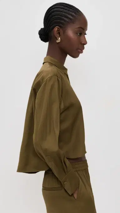 LE BOP Felicity Boxy Cropped atin Button Down Military Green | Thumbnail 4 LE BOP Felicity Boxy Cropped atin Button Down Military Green | Thumbnail 4