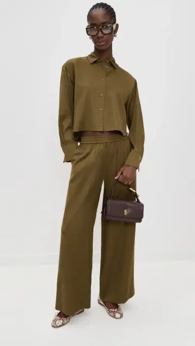 LE BOP Felicity Boxy Cropped atin Button Down Military Green | Thumbnail 5 LE BOP Felicity Boxy Cropped atin Button Down Military Green | Thumbnail 5