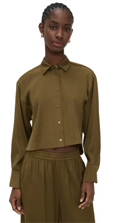 LE BOP Felicity Boxy Cropped atin Button Down Military Green | Thumbnail 1 LE BOP Felicity Boxy Cropped atin Button Down Military Green | Thumbnail 1