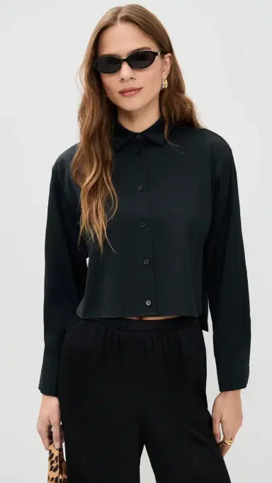 LE BOP Felicity Boxy Cropped atin Button Down Black | Thumbnail 2 LE BOP Felicity Boxy Cropped atin Button Down Black | Thumbnail 2
