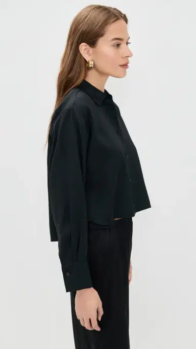 LE BOP Felicity Boxy Cropped atin Button Down Black | Thumbnail 4 LE BOP Felicity Boxy Cropped atin Button Down Black | Thumbnail 4