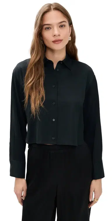 LE BOP Felicity Boxy Cropped atin Button Down Black | Thumbnail 1 LE BOP Felicity Boxy Cropped atin Button Down Black | Thumbnail 1