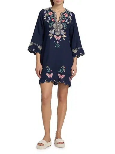 Johnny Was Women's Arva Linen Scallop Minidress - Blue Night - Size Large | Thumbnail 2 Johnny Was Women's Arva Linen Scallop Minidress - Blue Night - Size Large | Thumbnail 2
