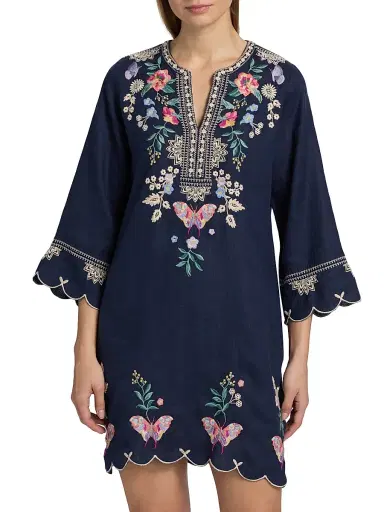 Johnny Was Women's Arva Linen Scallop Minidress - Blue Night - Size Large | Thumbnail 3 Johnny Was Women's Arva Linen Scallop Minidress - Blue Night - Size Large | Thumbnail 3