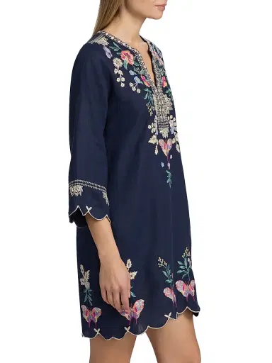 Johnny Was Women's Arva Linen Scallop Minidress - Blue Night - Size Large | Thumbnail 4 Johnny Was Women's Arva Linen Scallop Minidress - Blue Night - Size Large | Thumbnail 4