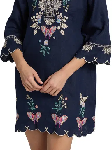 Johnny Was Women's Arva Linen Scallop Minidress - Blue Night - Size Large | Thumbnail 6 Johnny Was Women's Arva Linen Scallop Minidress - Blue Night - Size Large | Thumbnail 6