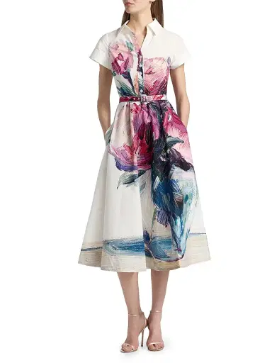 Teri Jon by Rickie Freeman Women's Floral Cotton Shirtwaist Midi-Dress - White Multi - Size 14 | Thumbnail 3 Teri Jon by Rickie Freeman Women's Floral Cotton Shirtwaist Midi-Dress - White Multi - Size 14 | Thumbnail 3