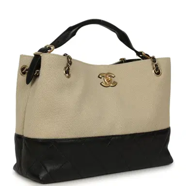Chanel Chanel Small Coco Base Hobo Bag Beige Canvas and Black Shiny Lambskin Gold Hardware | Thumbnail 2 Chanel Chanel Small Coco Base Hobo Bag Beige Canvas and Black Shiny Lambskin Gold Hardware | Thumbnail 2