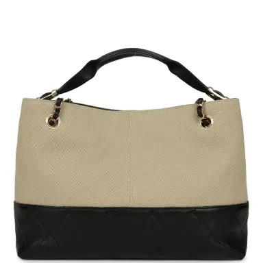 Chanel Chanel Small Coco Base Hobo Bag Beige Canvas and Black Shiny Lambskin Gold Hardware | Thumbnail 4 Chanel Chanel Small Coco Base Hobo Bag Beige Canvas and Black Shiny Lambskin Gold Hardware | Thumbnail 4