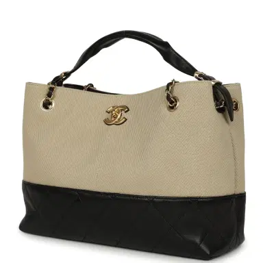 Chanel Chanel Small Coco Base Hobo Bag Beige Canvas and Black Shiny Lambskin Gold Hardware | Thumbnail 5 Chanel Chanel Small Coco Base Hobo Bag Beige Canvas and Black Shiny Lambskin Gold Hardware | Thumbnail 5