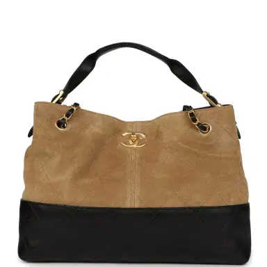 Chanel Chanel Small Coco Base Hobo Bag Brown Suede and Black Shiny Lambskin Brushed Gold Hardware | Thumbnail 1 Chanel Chanel Small Coco Base Hobo Bag Brown Suede and Black Shiny Lambskin Brushed Gold Hardware | Thumbnail 1