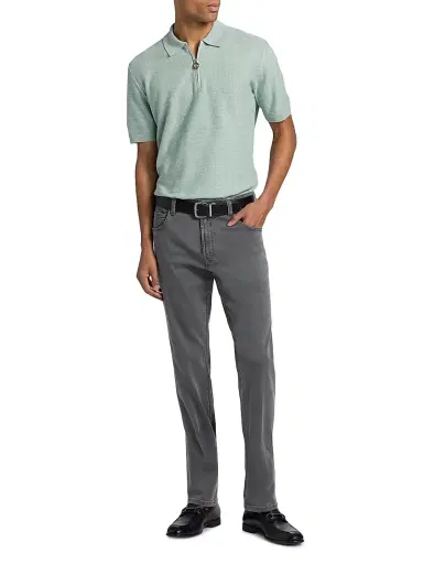 Stefano Ricci Men's Textured Linen-Silk Zip-Up Polo - Light Green | Thumbnail 2 Stefano Ricci Men's Textured Linen-Silk Zip-Up Polo - Light Green | Thumbnail 2