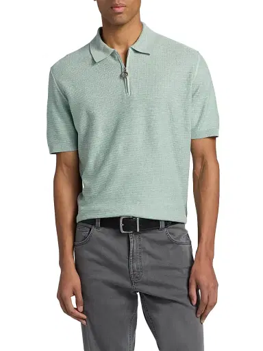 Stefano Ricci Men's Textured Linen-Silk Zip-Up Polo - Light Green | Thumbnail 3 Stefano Ricci Men's Textured Linen-Silk Zip-Up Polo - Light Green | Thumbnail 3