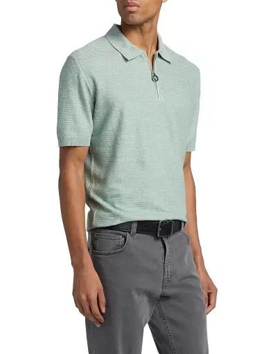 Stefano Ricci Men's Textured Linen-Silk Zip-Up Polo - Light Green | Thumbnail 4 Stefano Ricci Men's Textured Linen-Silk Zip-Up Polo - Light Green | Thumbnail 4